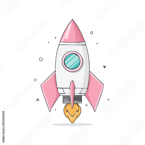 Whimsical Cartoon Rocket Ship Launching Into Starry Space Exploration with Pink Accents