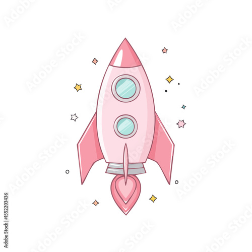 Pink Rocket Ship Launching into Starry Space Exploration Adventure for Children's Imagination