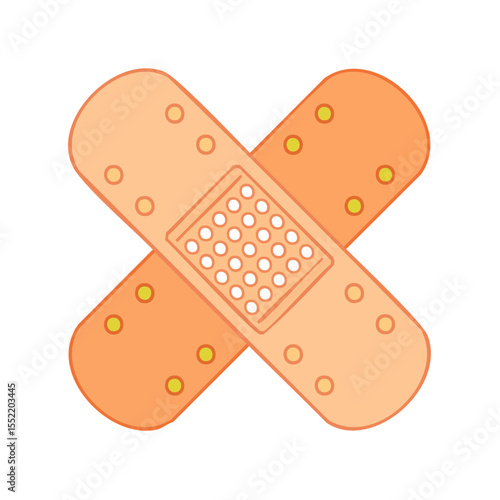 Illustration of two adhesive bandages in an X shape on a black background, first aid equipment concept