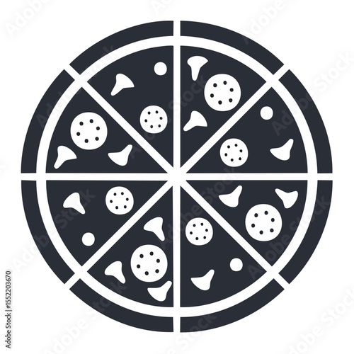 Flat vector icon of a complete pizza pie with eight slices of pepperoni and mushroom toppings on a black background