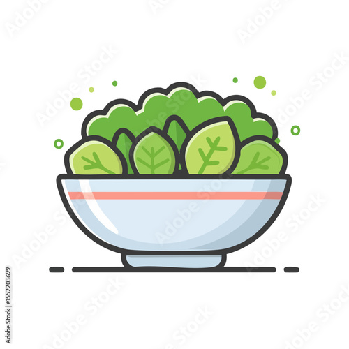 Bowl of fresh green leafy salad illustration in simple cartoon style