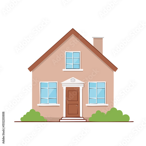 Cartoon Single-Family Home with Brown Roof and Door, Green Bushes, and White Trim on a Black Background