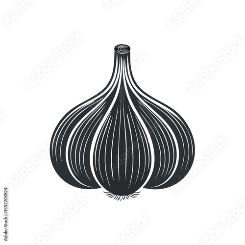 Monochrome Style Illustration of a Single Garlic Bulb on a Black Background