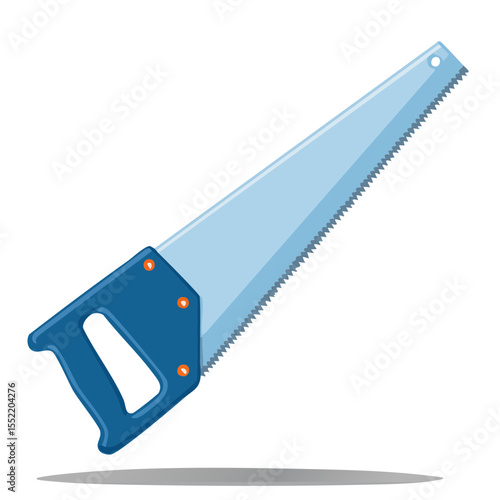 Cartoon style hand saw illustration for carpentry projects. Blue tool with blade, handle and sharp teeth for cutting wood and DIY projects.