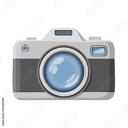 Grey camera illustration on black background shows design for photographic art