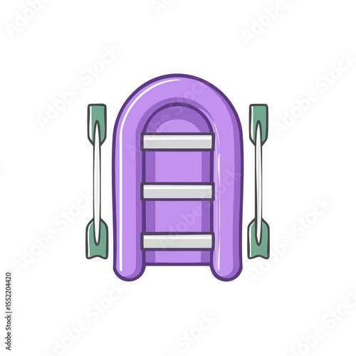 Cute purple inflatable boat with oars illustration for summer water fun and vacations in cartoon style