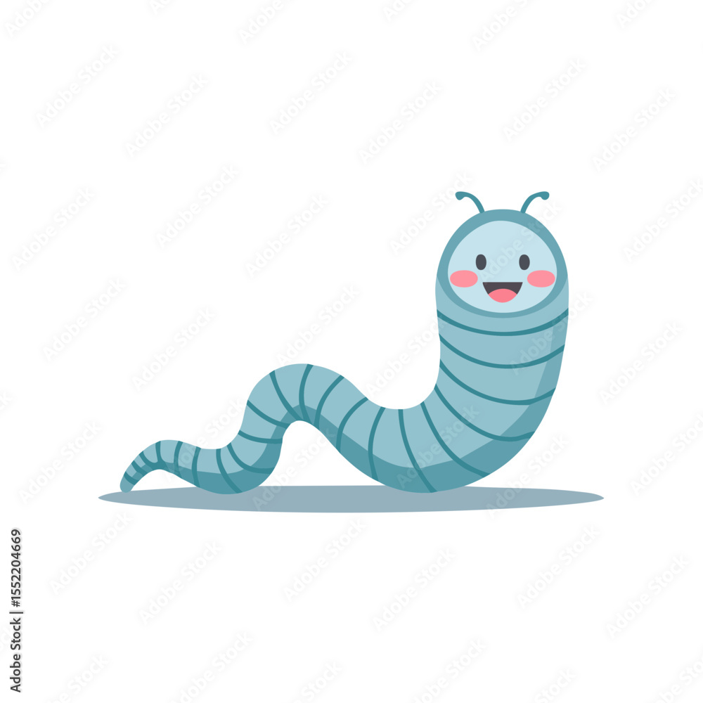 Fototapeta premium Cartoon Worm Crawling Cute Blue Animal with Smiling Face Illustration
