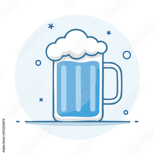Beer mug with foam illustration light blue tones refreshing drink celebration icon design party festive beverage ale lager pub food art