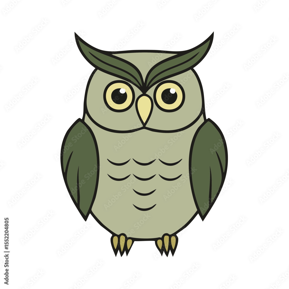 Obraz premium Stylized owl illustration featuring woodland animal isolated on black background. Cartoon owl in gray and green shades with big eyes looking forward.