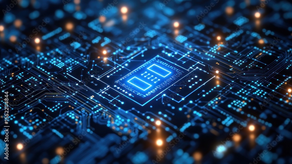 Intricate circuit board with glowing components. Intricate circuit board with glowing components.