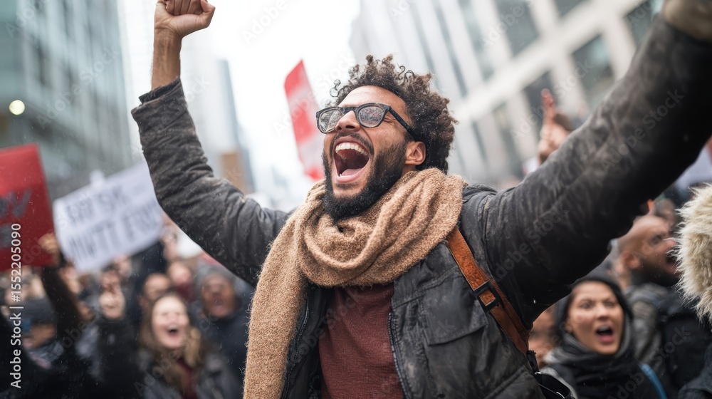 Obraz premium A passionate individual passionately celebrates a social justice cause amidst a crowd, conveying the spirit of activism, unity, and the pursuit of change in society.