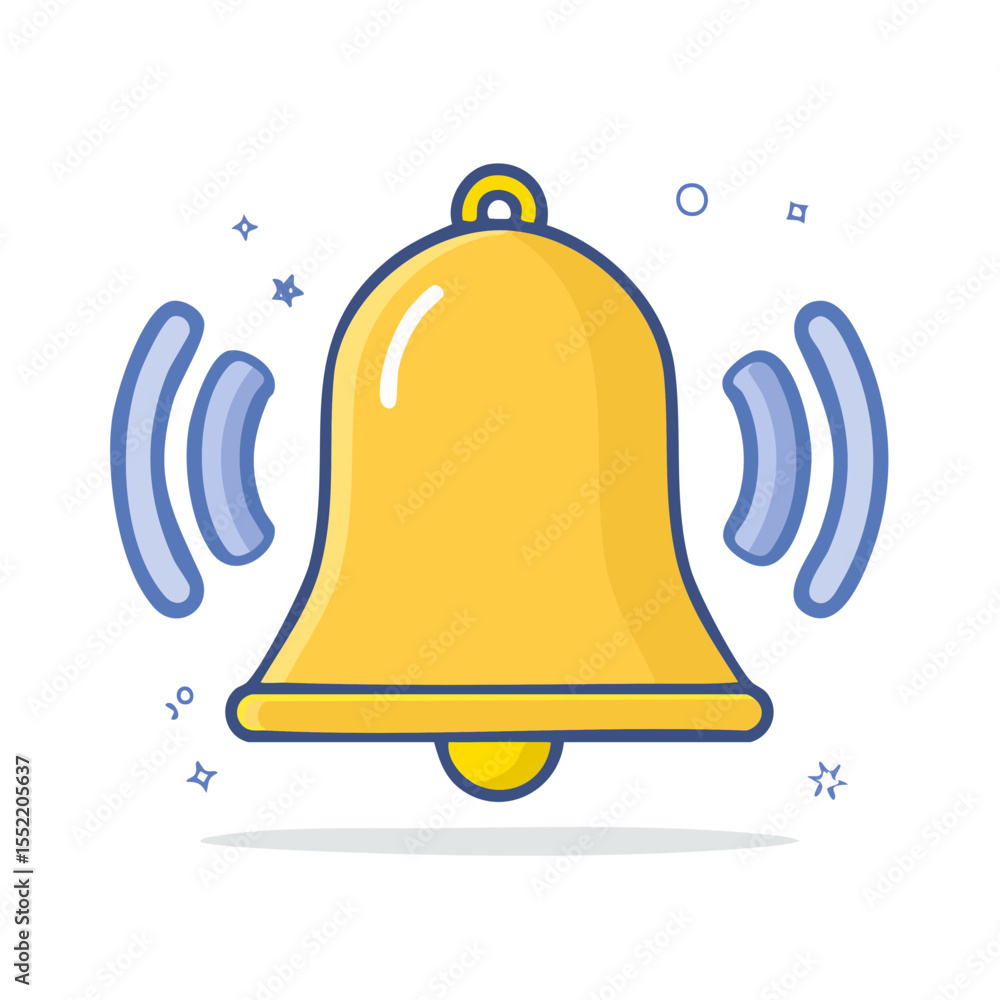 Fototapeta premium Bright Yellow Notification Bell Ringing with Sound Waves and Stars Symbolizing Alert Reminder Cartoon Illustration