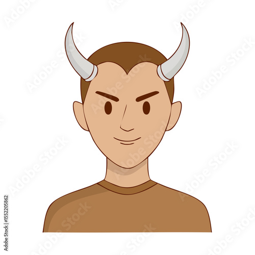 Cartoon man portrait with devil horns illustration Halloween costume party cosplay fantasy character demon villain avatar wicked face brown hair