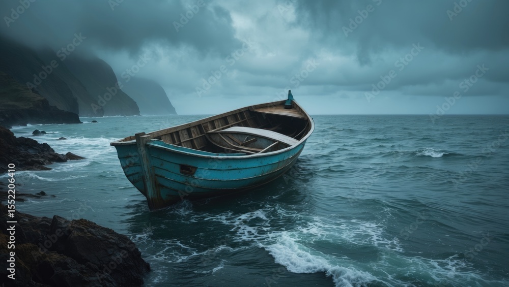 Naklejka premium Boat On The Oceanic Coast with Empty Copy Space For Text