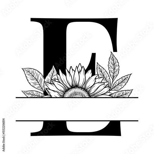 Sunflower split monogram design, alphabet letter E decorated with floral illustration. Perfect for personalized gifts, farmhouse decor, wedding initials, laser cut file, family sign, and DIY crafts.