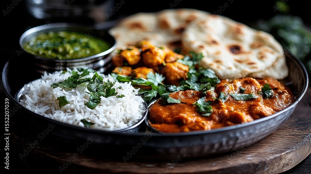 A vibrant and colorful Indian thali platter featuring a variety of dishes including rice, naan, vegetables, and chutneys, representing the richness of Indian culinary traditions. A vibrant and colorful Indian thali platter featuring a variety of dishes including rice, naan, vegetables, and chutneys, representing the richness of Indian culinary traditions.