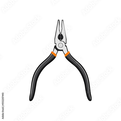 Close-up of needle nose pliers with black handle and orange accent, on black background.