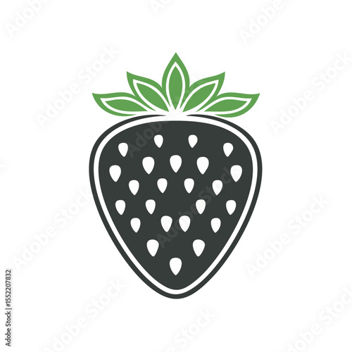Isolated graphic of a stylized gray strawberry with white seeds and green leaves on a black background