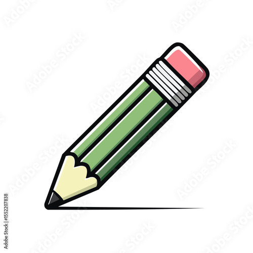 Cartoon illustration of a green pencil with eraser writing on a black background for education, drawing, and writing