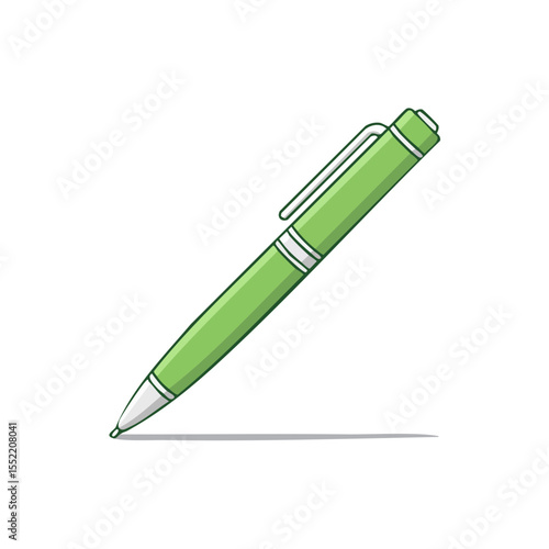 Illustration of a green ballpoint pen writing on black background. Simple clean drawing style.