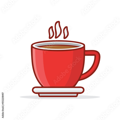 Red Coffee Mug with Steam Cartoon Illustration Warm Beverage on Saucer Coffee Break Minimalist Design
