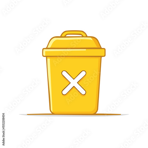 Yellow trash bin icon with delete cross mark. Vector symbol of recycling, garbage, waste removal, and data erasure in cartoon style