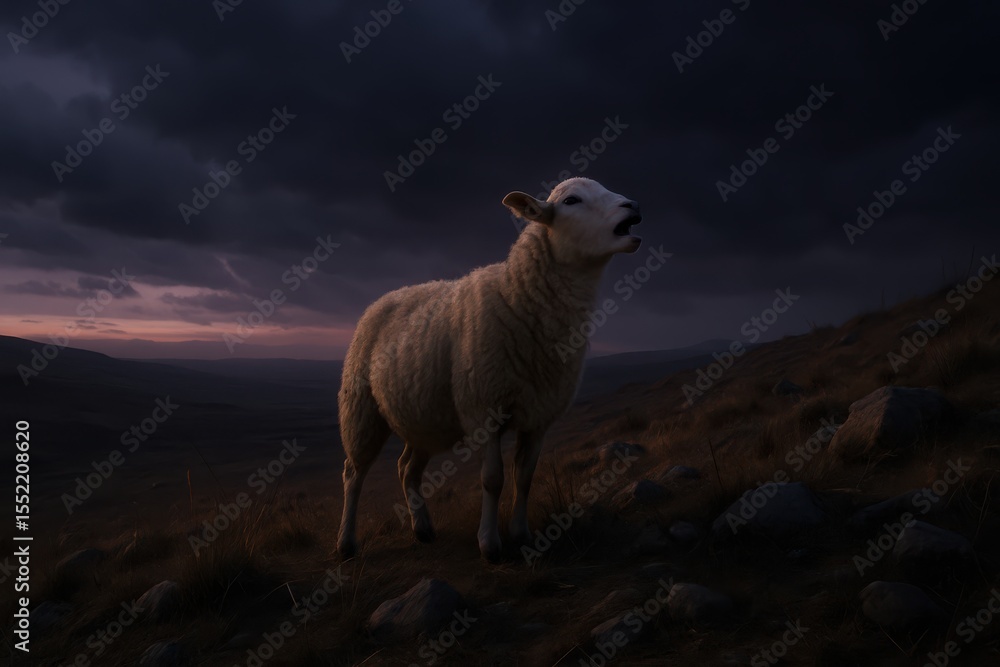 Fototapeta premium A lone sheep stands on a rugged mountain slope under a moody overcast sky, surrounded by mist and steep cliffs, calling out into the silence — cinematic ultra-realistic scene from the Parable of the L