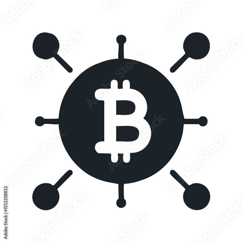 Bitcoin Cryptocurrency Network, Distributed Digital Currency, Blockchain Technology, Isolated Symbol on Black Background