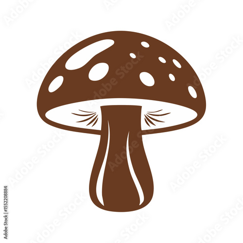 Stylized brown mushroom illustration with white spots against black backdrop for ecological or culinary themes, simple organic illustration