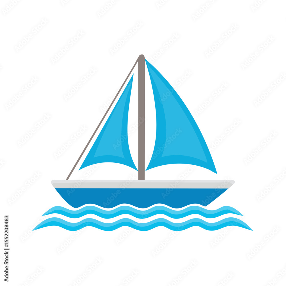Fototapeta premium Blue Sailboat Sailing on Water Waves Illustration on Black Background