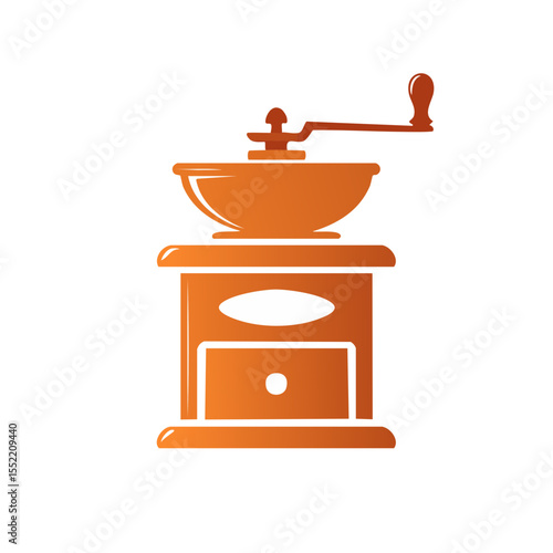 Stylized orange coffee grinder illustration featuring a hand crank and drawer on a black background for gourmet coffee preparation