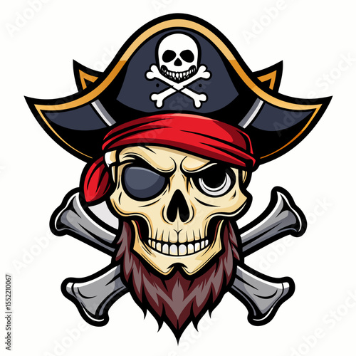 Fierce pirate skull with eyepatch bandana and crossed bones emblem