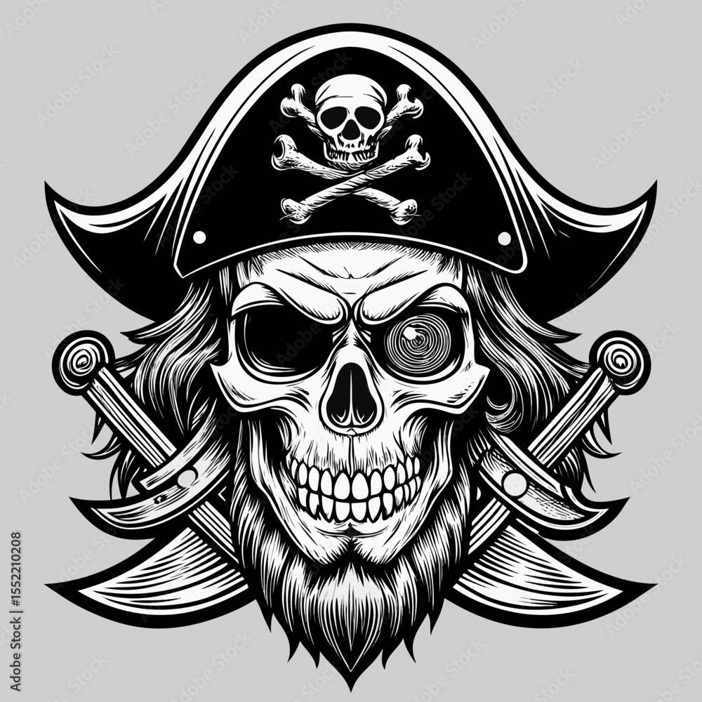 Fototapeta premium Fierce pirate skull with crossed swords and jolly roger hat