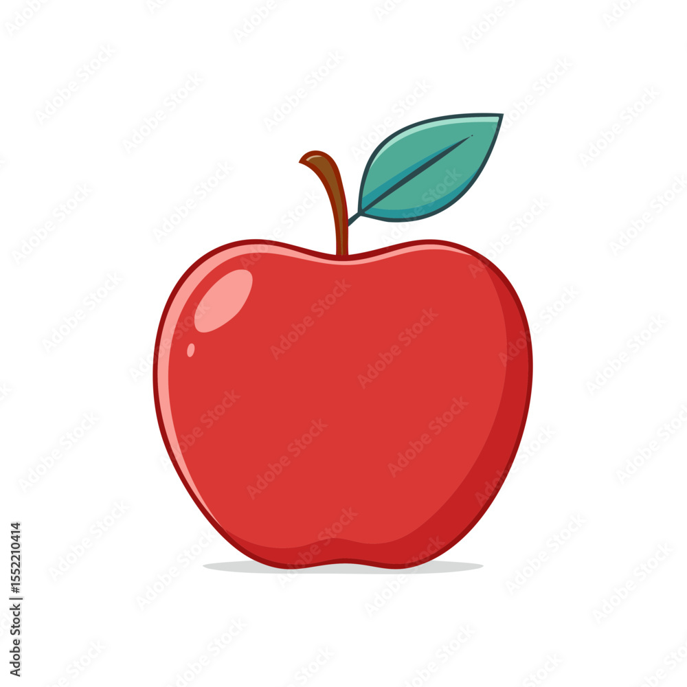 Fototapeta premium Cartoon Style Illustration of a Fresh Red Apple with Stem and Leaf on Dark Background