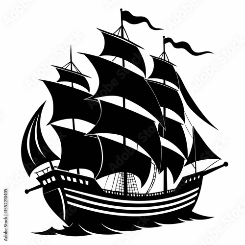 Black silhouette of a majestic sailing ship with full sails on the water