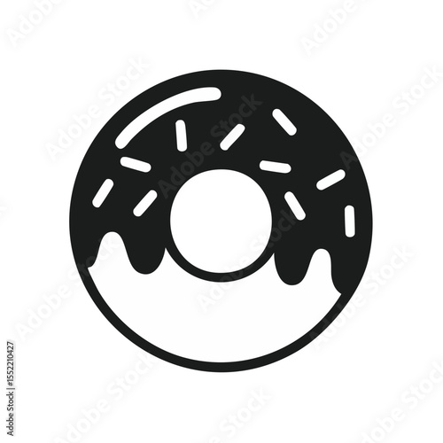 Black and white donut illustration with frosting and sprinkles for sweet treats snack bakery and confectionary concept