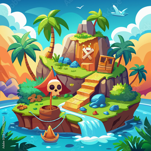 Cartoon pirate island with treasure cave and skull flag in tropical ocean