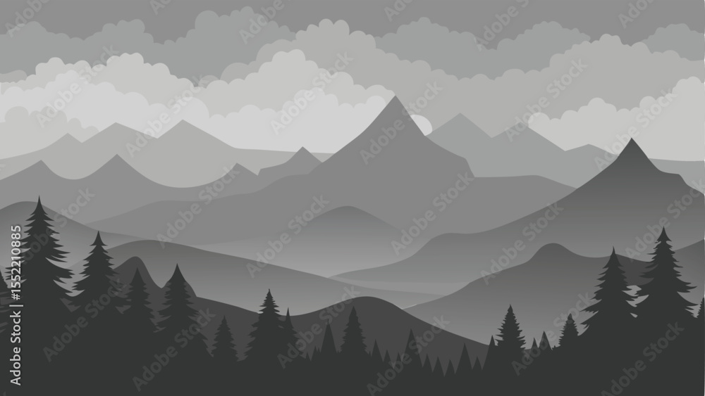 Obraz premium Tranquil grayscale landscape with mountains trees and clouds against a white background