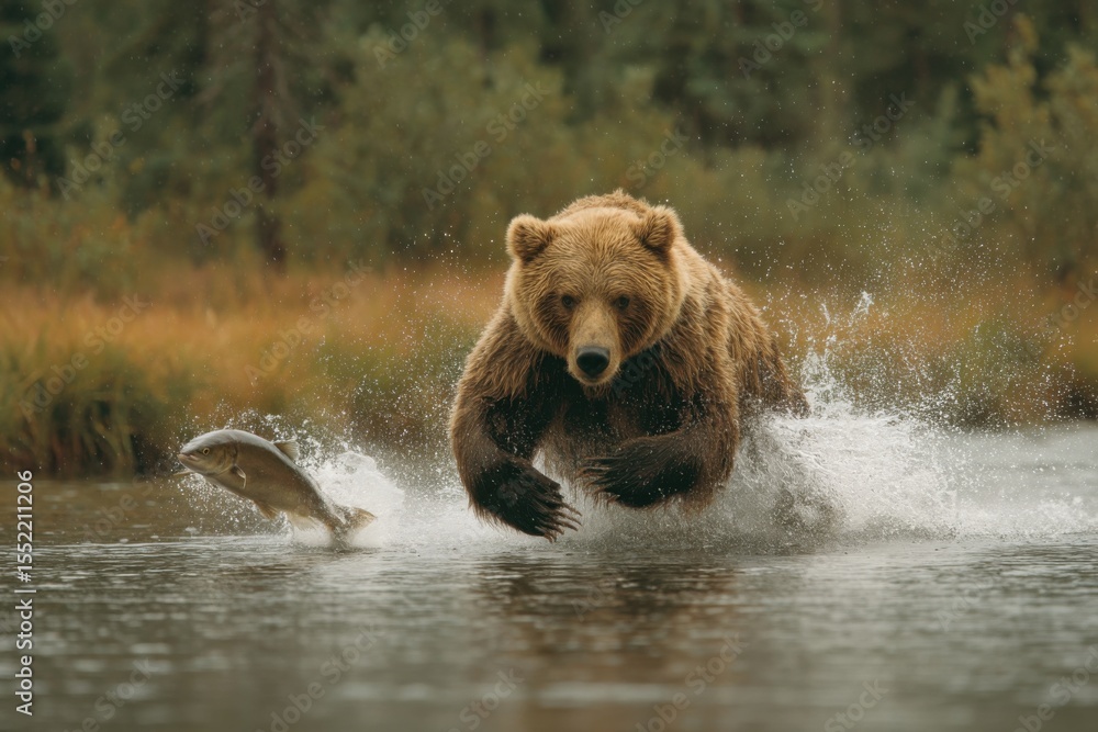 Obraz premium A grizzly bear runs through shallow water, splashing as it pursues a salmon in a forested river setting during morning hours
