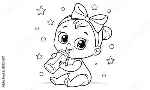 Adorable cartoon baby girl with a large bow in her hair happily drinking from a baby bottle surrounded by stars and circles on a white background