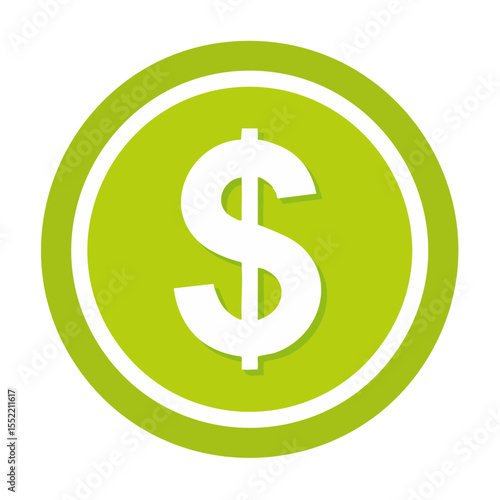 Green coin with a white dollar symbol in the center, representing wealth, finances, economy, and currency.