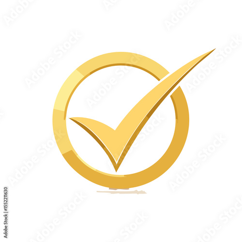 Golden Check Mark in Circle Glossy Design on Black Background Symbol of Approval Success and Completion