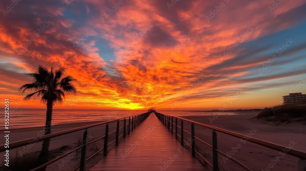Fototapeta premium A breathtaking sunset casts a stunning array of colors over the pier, creating a picturesque view that captures the serene beauty of nature by the ocean's edge.