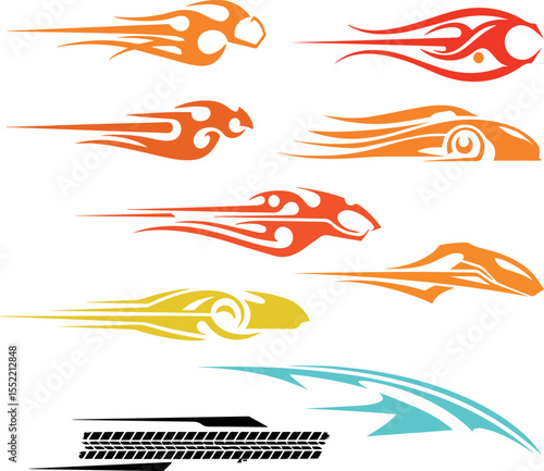 Collection of dynamic flame and tribal style racing stripes and graphics for automotive customization and vehicle decoration