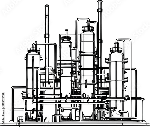 Oil refinery outline vector. Abstract technical sketch with tanks and pipes