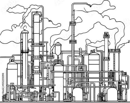 Oil refinery outline vector. Abstract technical sketch with tanks and pipes