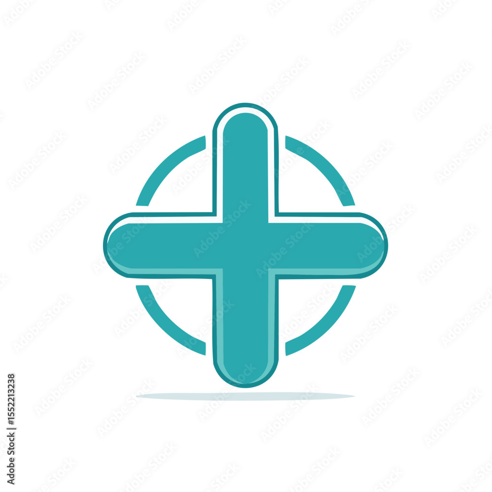 Fototapeta premium Teal plus symbol within a circle on a black background positive concept rounded edges medical cross sign aid