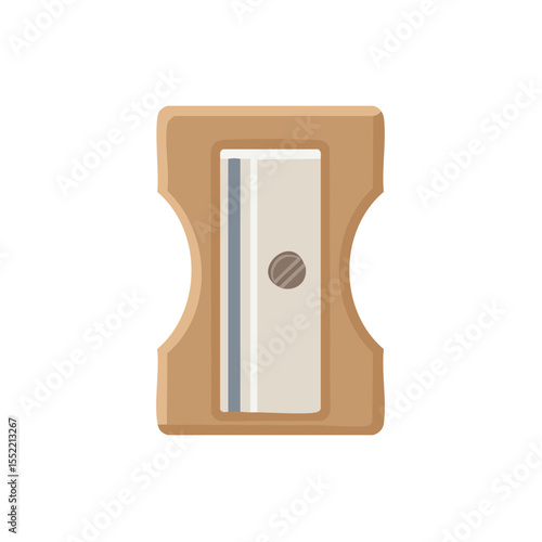 Illustration of a beige pencil sharpener with grey blade for sharpening pencils or crayons, isolated on black