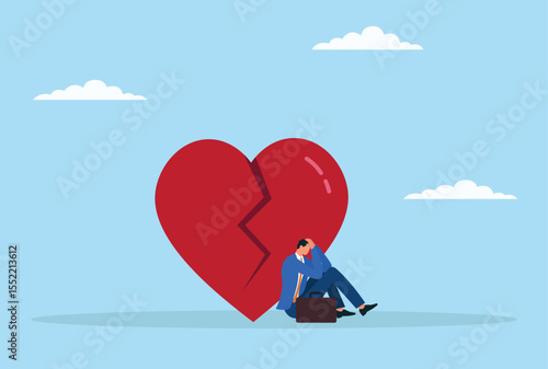 Vector illustration of a depressed businessman sitting beneath a giant broken love sign, symbolizing heartbreak, emotional struggle, and the impact of personal loss on professional life
