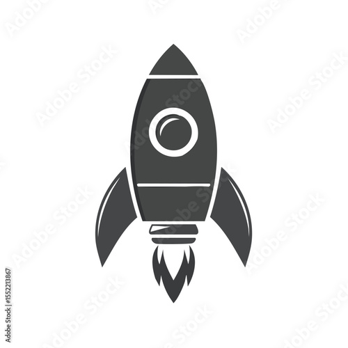 Gray rocketship vector blasting off in a cartoon style against black background conceptual image representing space travel and science fiction themes